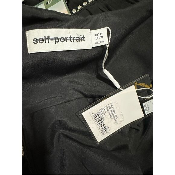 NWT Self-Portrait Crepe Embellished Two-Tone Mini Dress With White Bow Black 10 - Picture 8 of 9